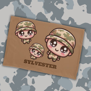 Cute Kawaii Army Camouflage Monogram on Brown Pillowcase