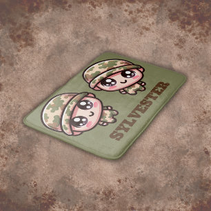 Cute Kawaii Army Camouflage Monogram on Green Bath Mat
