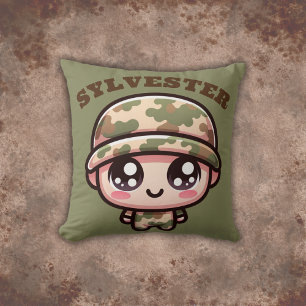 Cute Kawaii Army Camouflage Monogram on Green   Throw Pillow