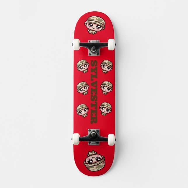 Cute Kawaii Army Camouflage Monogram on Red | Skateboard (Front)