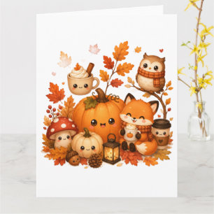 Cute Kawaii Autumn Pumpkin Fox Owl Fall Animals Card