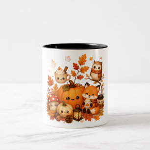 Cute Kawaii Autumn Pumpkin Fox Owl Fall Animals Two-Tone Coffee Mug