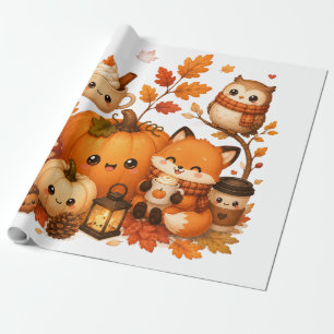 Cute Kawaii Autumn Pumpkin Fox Owl Fall Animals  Wrapping Paper