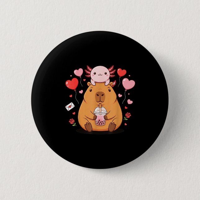 Cute Kawaii Axolotl Capybara Bubble Tea Boys Girls 2 Inch Round Button (Front)