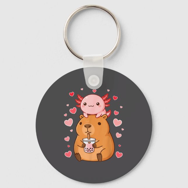 Cute Kawaii Axolotl Capybara Bubble Tea Boys Girls Keychain (Front)