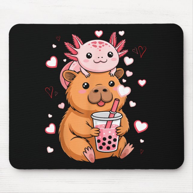 Cute Kawaii Axolotl Capybara Bubble Tea Boys Girls Mouse Pad (Front)