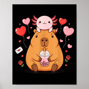 Cute Kawaii Axolotl Capybara Bubble Tea Boys Girls Poster