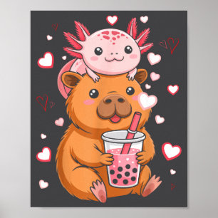 Cute Kawaii Axolotl Capybara Bubble Tea Boys Girls Poster
