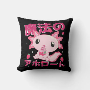 Cute Kawaii Axolotl Strawberry Milk Shake Japanese Throw Pillow
