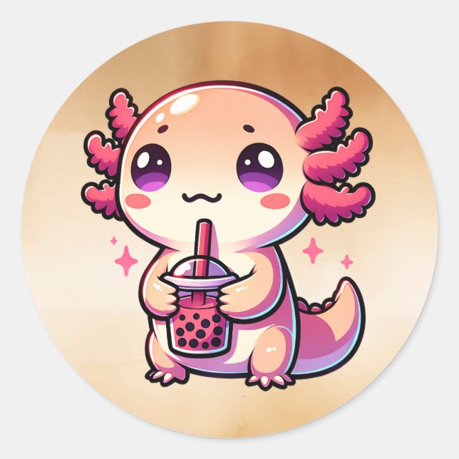 Cute Kawaii Axolotl with Bubble Tea Classic Round Sticker (Front)