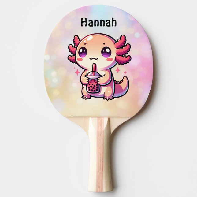 Cute Kawaii Axolotl with Bubble Tea Personalized Ping Pong Paddle (Front)