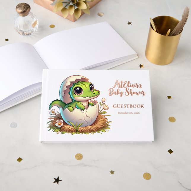 Cute Kawaii Baby Alligator Hatching Baby Shower  Guest Book (Front Open)