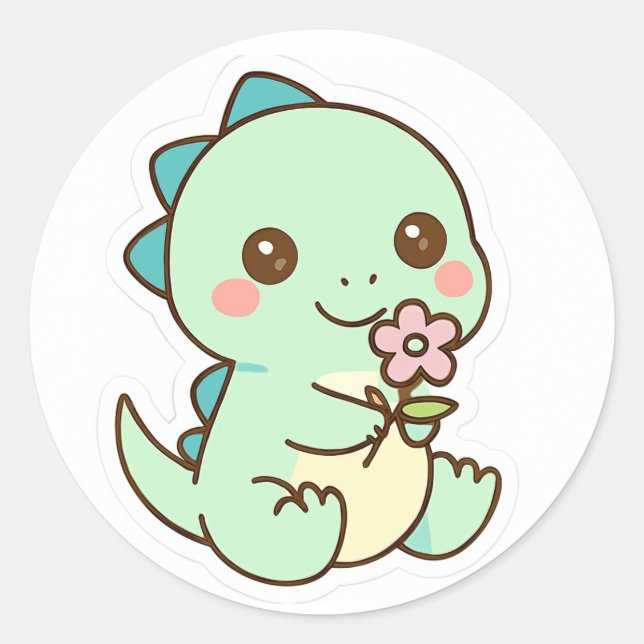 Cute Kawaii Baby Dinosaur with Flower Sticker (Front)