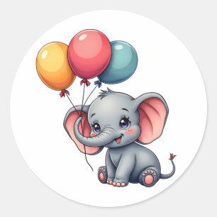 Cute Kawaii Baby Elephant with Colourful Balloons Classic Round Sticker