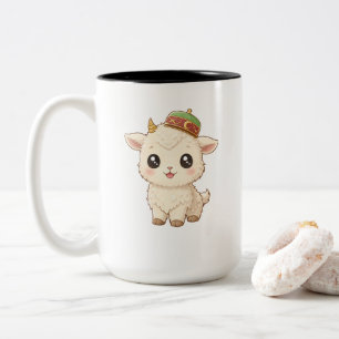 Cute Kawaii Baby Goat with Traditional Cap Coffee  Two-Tone Coffee Mug