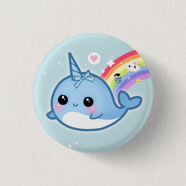 Cute kawaii baby narwhal with rainbow 1 inch round button (Front)