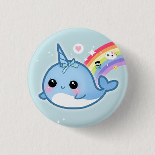 Cute kawaii baby narwhal with rainbow 1 inch round button