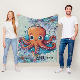 Cute Kawaii Baby Orange Octopus Print Fleece Blanket