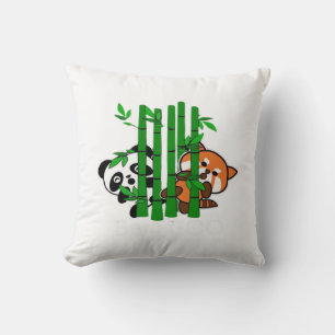 Cute Kawaii Baby Panda And Red Panda Bamboo Peeka Throw Pillow