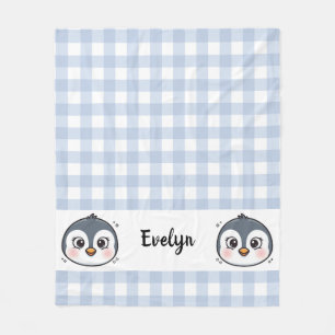 Cute Kawaii Baby Penguin Face Gingham Fleece Blanket