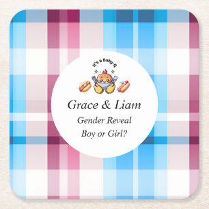 Cute Kawaii Baby-Q Gender Reveal Party Square Paper Coaster