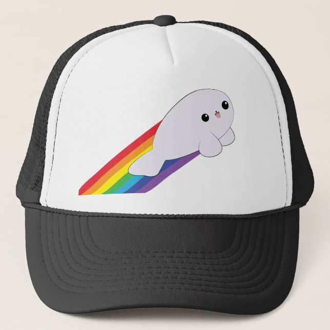 Cute Kawaii Baby Rainbow Rocket Seal Trucker Hat (Front)