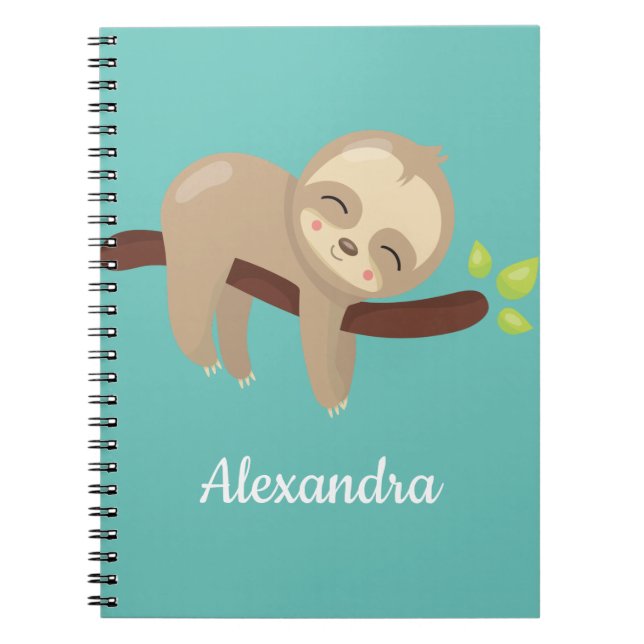 Cute Kawaii Baby Sloth In Tree on Light Teal Blue Notebook (Front)