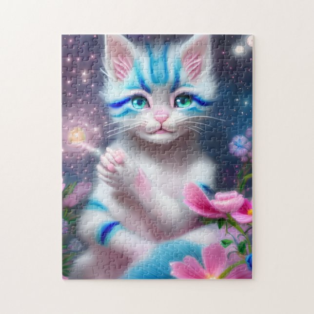 Cute Kawaii baby striped pink and blue cat kitten  Jigsaw Puzzle (Vertical)