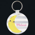 Cute Kawaii Banana Personalized Keychain<br><div class="desc">Adorable happy banana on cute striped personalized keychain.</div>