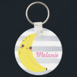 Cute Kawaii Banana Personalized Keychain<br><div class="desc">Adorable happy banana on cute striped personalized keychain.</div>