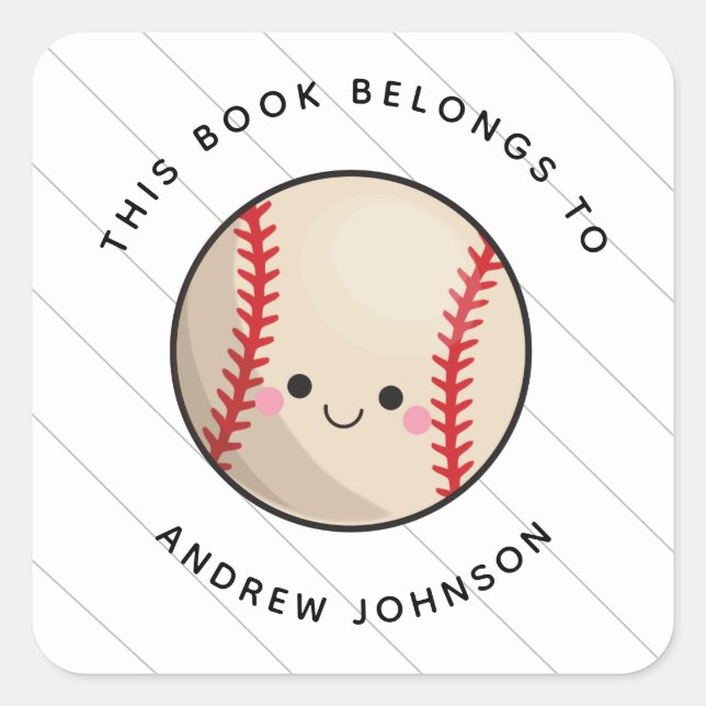 Cute Kawaii Baseball Ball Kids Name Bookplate Square Sticker (Front)