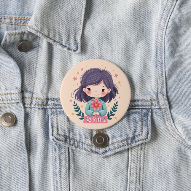 Cute Kawaii "Be Kind" Illustration 3 Inch Round Button (In Situ)