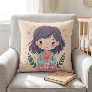 Cute Kawaii "Be Kind" Illustration Throw Pillow