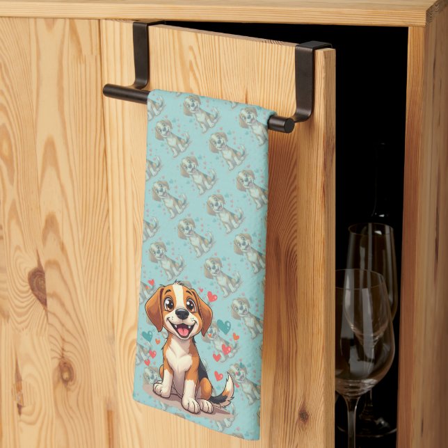 Cute Kawaii Beagle with Hearts Playful Dog Art Kitchen Towel (Thirds Fold)