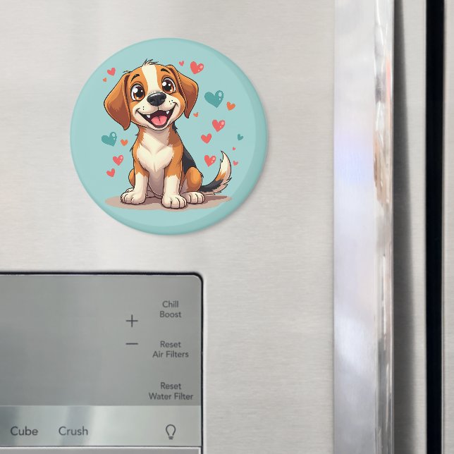 Cute Kawaii Beagle with Hearts Playful Dog Art Magnet (In Situ (Fridge))