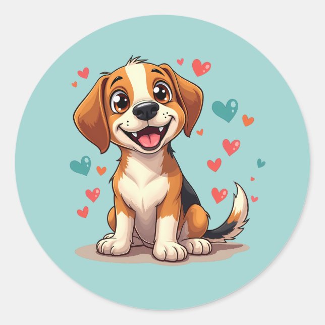 Cute Kawaii Beagle with Hearts Playful Dog Classic Round Sticker (Front)