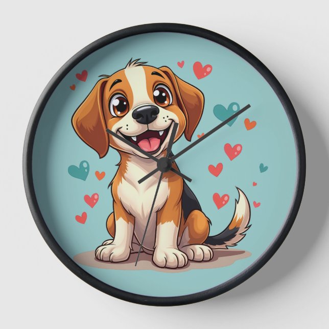 Cute Kawaii Beagle with Hearts Playful Dog Clock (Front)