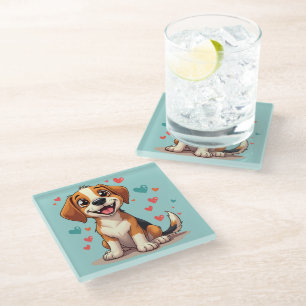 Cute Kawaii Beagle with Hearts Playful Dog Glass Coaster