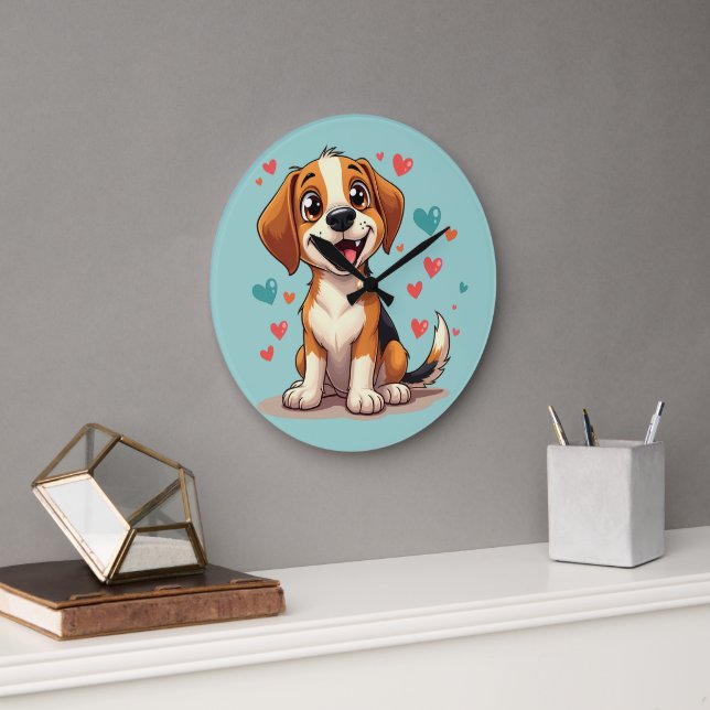 Cute Kawaii Beagle with Hearts Playful Dog Large Clock (Office)