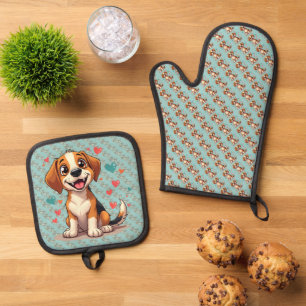 Cute Kawaii Beagle with Hearts Playful Dog Oven Mitt & Pot Holder Set