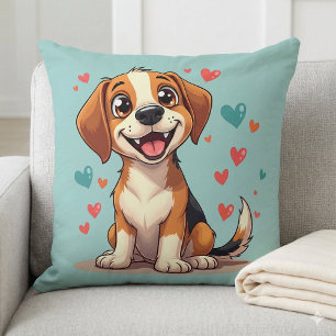 Cute Kawaii Beagle with Hearts Playful Dog Throw Pillow
