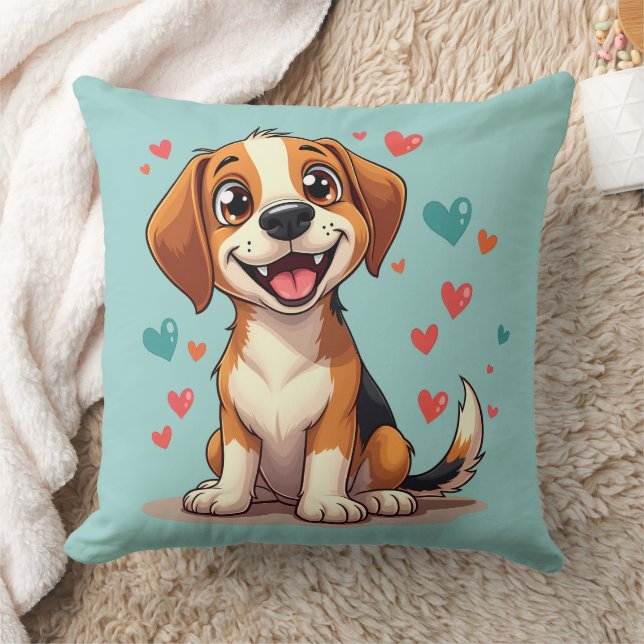 Cute Kawaii Beagle with Hearts Playful Dog Throw Pillow (Blanket)