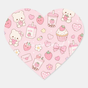 Cute Kawaii Bear Strawberry Milk Pattern   Pink  Heart Sticker