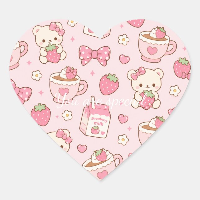 Cute Kawaii Bear Strawberry Tea Pattern | Pink  Heart Sticker (Front)