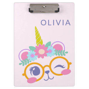 Cute Kawaii Bear Unicorn Face Pink Personalized Clipboard