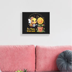 Cute Kawaii Bee Watering Sunflower Bee Happy Grow  Canvas Print