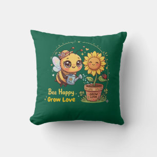 Cute Kawaii Bee Watering Sunflower Bee Happy Grow Throw Pillow