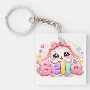 Cute Kawaii Bella Bunny Name Pastel Pink Floral Bu Keychain