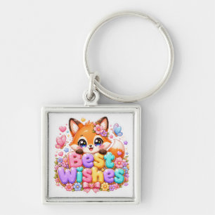 Cute Kawaii Best Wishes Fox Name Pastel Pink Flora Keychain