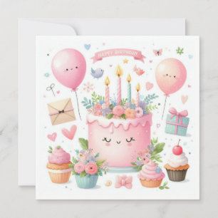 Cute Kawaii Birthday Cake for 4 Year Old Girl Card
